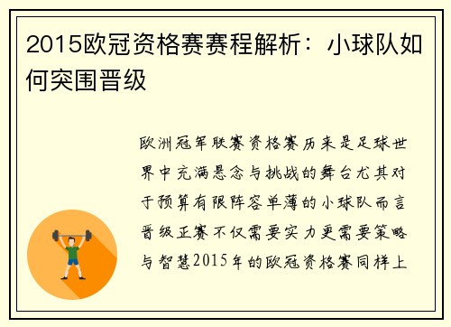 2015欧冠资格赛赛程解析：小球队如何突围晋级