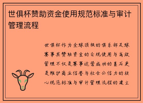 世俱杯赞助资金使用规范标准与审计管理流程